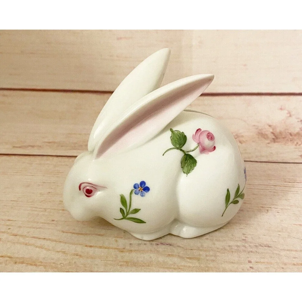 Vintage Hand Painted Floral Porcelain Bunny Bank Signed - Picture 1 of 5